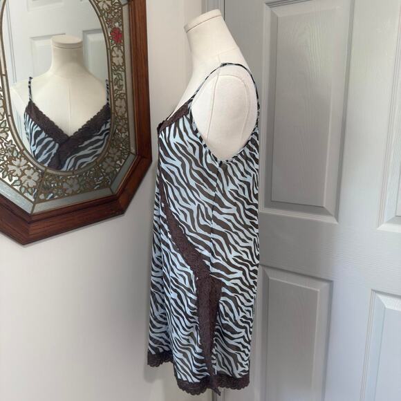 NWT VTG Y2K Mystique Intimates Blue & Brown Sheer Zebra Print Lace Trim Slip L - Picture 3 of 7
